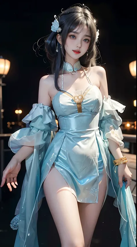  ((whole body)), ((from below)), ((gufeng,bare shoulders)), clear face, pretty face, 8k, masterpiece, original photo, best quality, detail:1.2,lifelike, detail, Very detailed, CG, unity, wallpaper, depth of field, movie light, lens flare, Ray tracing, (ext...