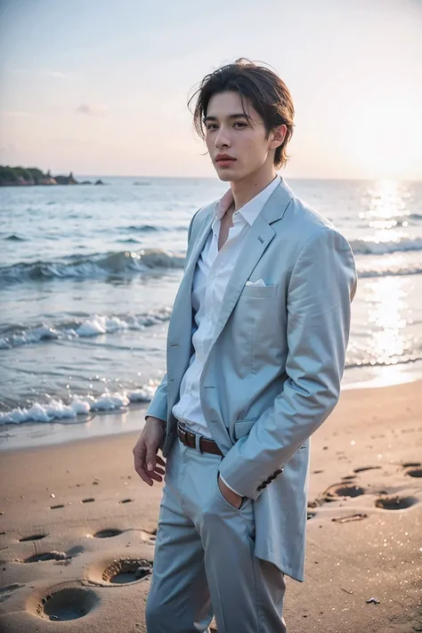 realistic photography, handsome man ,beach