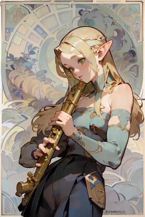 (masterpiece, best quality) detailed, Wearing black tights, silver accessories , blonde ,elegant, pointed ears ，(((Alphonse Mucha&#39;s artwork))), contour , bare shoulders, pleated skirt，night，dark night，Star，Flute