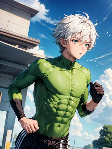 Anime guy about 16 years old shirtless runs with 6 pack abs with white hair and green eyes 2 picture with a very tight shirt runs 