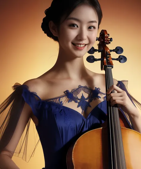 cello player, Japanese female 22 years old, one person, chiaroscuro, surrealism, dark blue simple design dress, The background is a warm color gradation, that person is clear, detailed face, fine instruments, smile