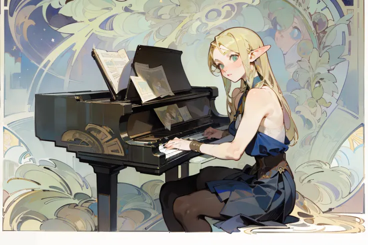 (masterpiece, best quality) detailed, Wearing black tights, silver accessories , blonde ,elegant, pointed ears ，(((Alphonse Mucha&#39;s artwork))), contour , bare shoulders, pleated skirt，night，dark night，Star，Sitting and playing the piano
