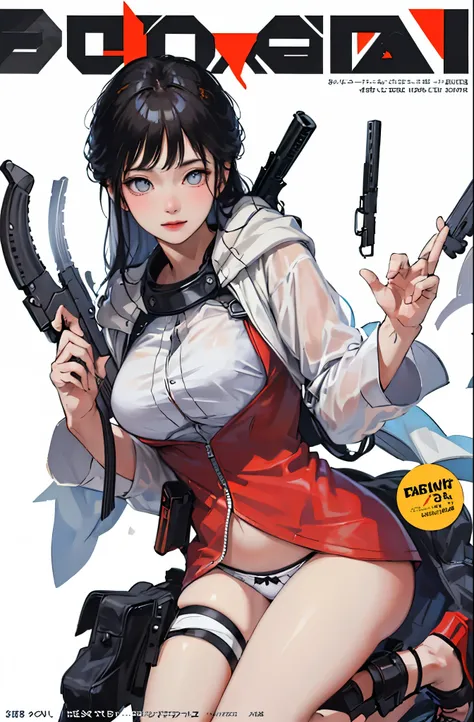 (masterpiece:1.2, highest quality), (very detailed:1.3), (magazine cover), 1 girl, 15 generations, big breasts, (transparent panties), (good transparency),  (hold the gun to one side&#39;mouth), strict, white background,