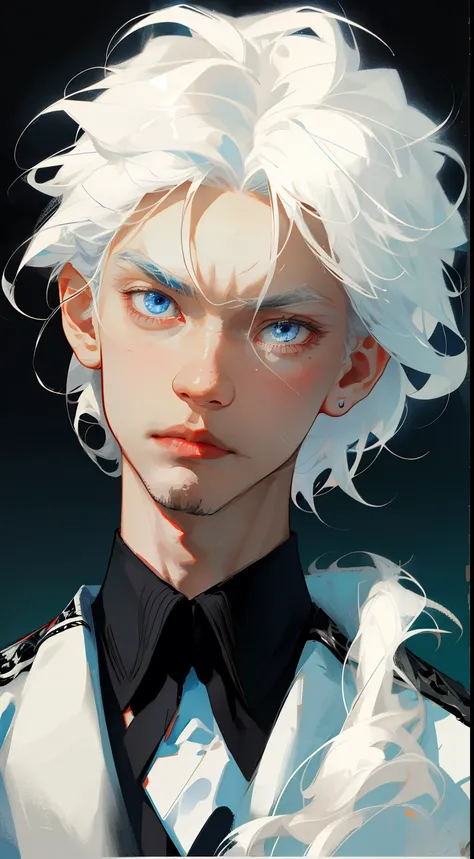 Boy, white hair, blue eyes, sharp, serious features, white skin, black shirt