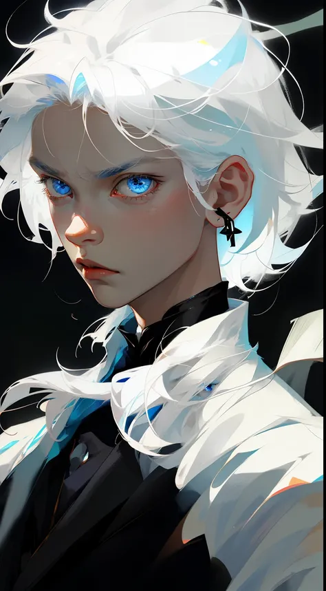 Boy, white hair, blue eyes, sharp, serious features, white skin, black shirt