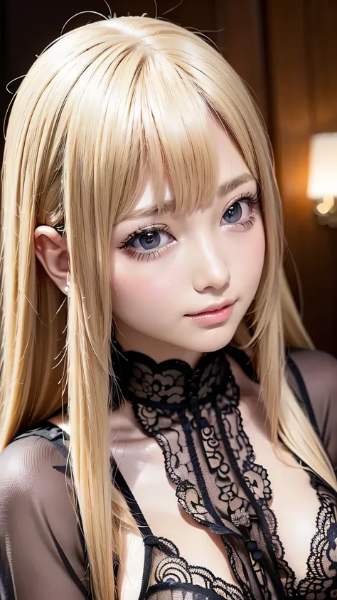 beautiful white and shining skin、blonde hair color that changes color depending on the light、long bangs between the eyes that ob...