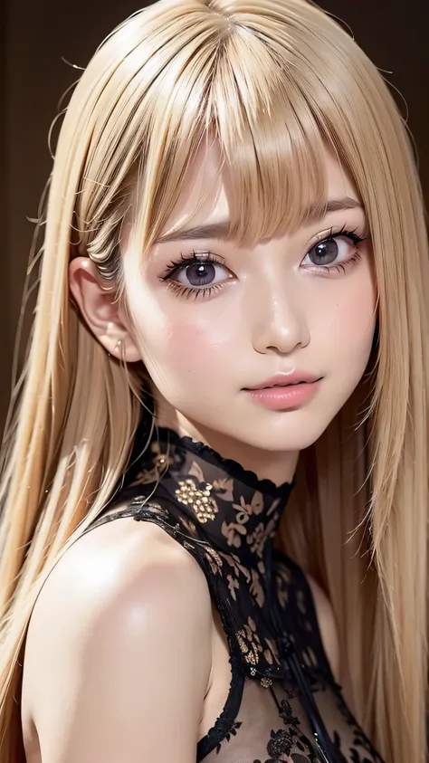 Beautiful white and shining skin、Blonde hair color that changes color depending on the light、long bangs between the eyes that obstruct vision、Highlights on the cheeks、Sexy and very beautiful lovely gorgeous face、the most beautiful face in the world、Super l...