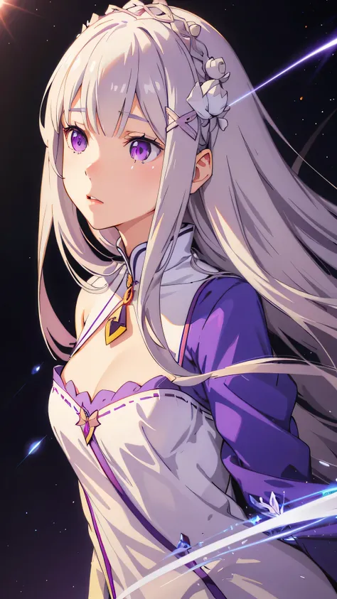 realistic, 1 girl, Emilia Lee:zero, crown blade, flower hair ornament, ×Hair ornament, gray hair, long hair, purple eyes, particles of light, light, wallpaper