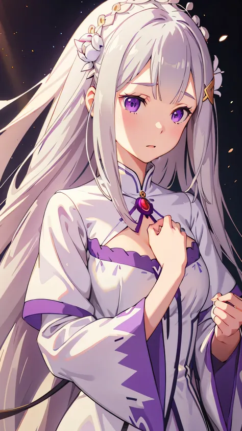 realistic, 1 girl, Emilia Lee:zero, crown blade, flower hair ornament, ×Hair ornament, gray hair, long hair, purple eyes, particles of light, light, wallpaper