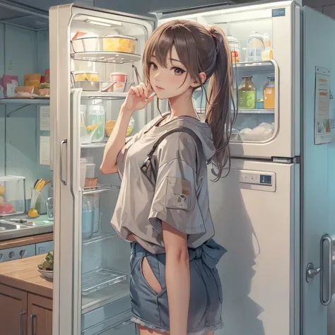 realistic anime picture、simple background、1 girl、ponytail、A dirty refrigerator inside