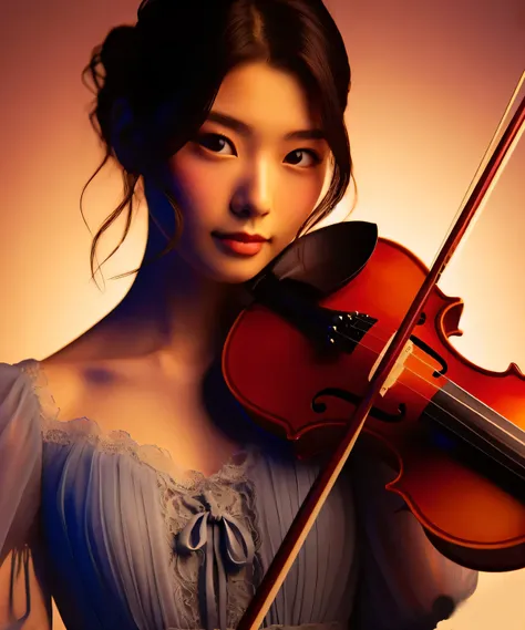 violinist, japanese female 22 years old, one person, chiaroscuro, surrealism, dark blue simple design dress, the background is a...