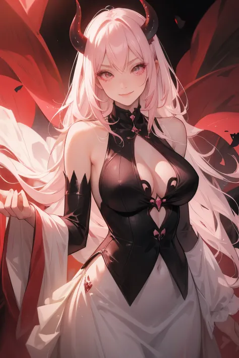 A female milf demon with black demon horn, extremely long pink hair, White eyes of the demon, wedding dress, wicked and malicious look, succubus, wicked smile
