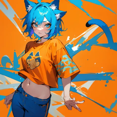 One adult girl with short, vibrant blue hair and captivating gold eyes, adorned with cat ears, casually dressed in an orange T-shirt and matching pants.