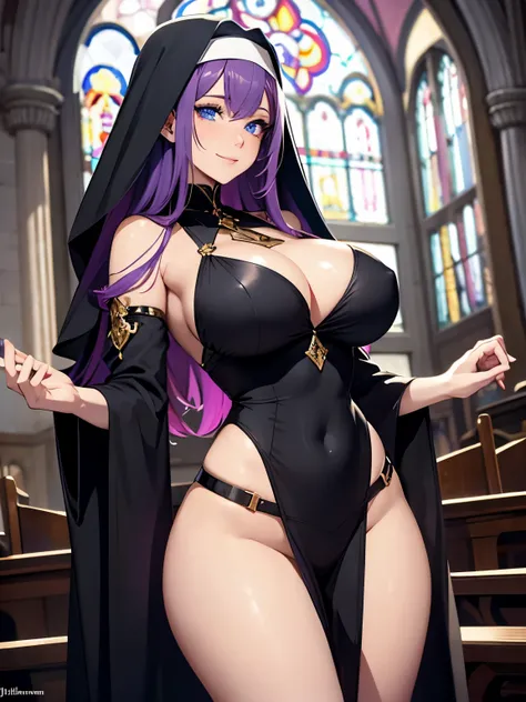 beautiful woman, purple hair, bright blue eyes, glowing eyes, lots of freckles, full lips, (gigantic breasts 1.8), extreme cleavage, deep cleavage, thin body, nun outfit, midriff, smiling, happy, extreme blushing, praying, ultra detailed, church background...