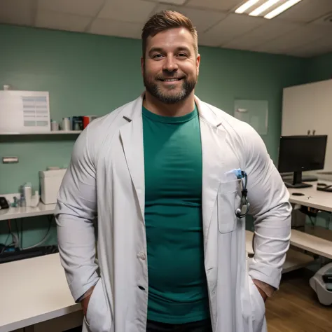 A chubby male doctor in a white coat, wearing a stethoscope in a medical laboratory, Smile a little, large and round face, 45 years old, perfect eyes, deep green eyes, black chest hair, facial hair,  flight attendant haircut, big muscles, hairy body, mascu...