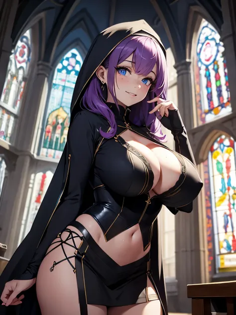 beautiful woman, purple hair, bright blue eyes, glowing eyes, lots of freckles, full lips, (gigantic breasts 1.8), extreme cleavage, deep cleavage, thin body, nun outfit, midriff, tiny miniskirt, extreme blushing, smile, praying, ultra detailed, church bac...