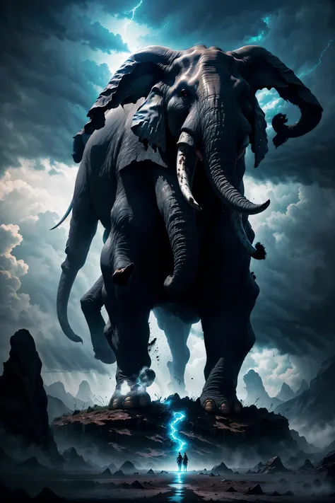 giant elephant , the majestic earth elemental emerges from the muddy ground, , epic landscape, creepy, ((wind effect)),thunder storm background,(mythical atmosphere),light is penetrating through clouds, magnificent clouds, blue theme, epic palace, in anoth...