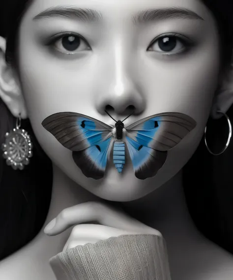 a close up of a woman with a butterfly on her nose, Amy Judd, Flora Borsi, wonderful, half-woman half-butterfly, Beautiful artwork illustration, beautiful digital artwork, Jinna Chan, chinese blue eyes, butterfly, inspired by Ryohei Hase, symmetrical azure...