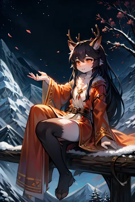 A black-haired wolf，A deer antler，Orange pupils，Flute，sitting on a branch，sad，starry sky，falling petals，Snow，blizzard，long hair，orange robe，mountains