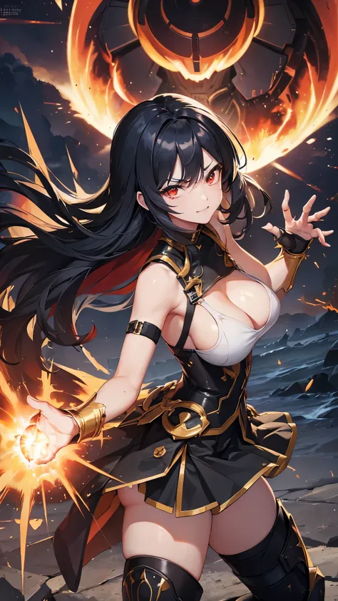 perfect anatomy, masterpiece:1.2, best quality, 8k, beautiful detailed grow, daydreaming expression, ((battle stance)) (((in the Mega Flare))) center on (solo:1.3 straight black hair long hair cute femdom girl, 17 yo, detailed red eyes, angry smile, bigboo...