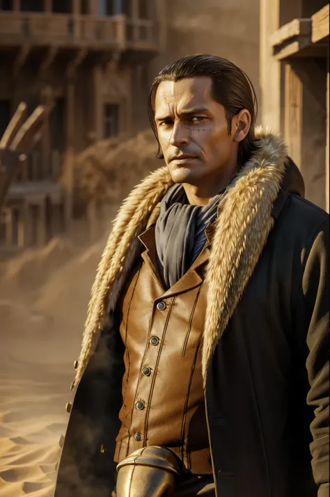 masterpiece, best quality, extremely detailed, hyperrealistic, photorealistic, a cool 40s man, ultra detailed face:1.2, fur-trimmed coat, scarf around the neck, his left hand is a golden pirate hook:1.1, in sandstorm:1.2
