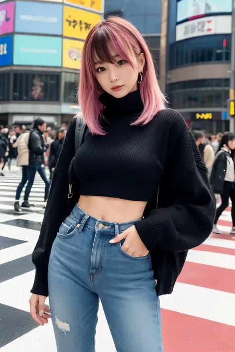 punk,a fashionable girl posing for a photo at (((Shibuya Crossing))) near hachiko in [[[Tokyo]]], cityscape, urban fashion, jacket, crop top, tight jeans, fashion accessories, colour contracts, 🎀, pin, multicoloured hair, highlights, fishnets, saturated co...