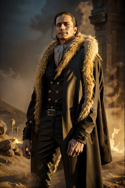 masterpiece, best quality, extremely detailed, hyperrealistic, photorealistic, a cool 40s man, ultra detailed face:1.2, fur-trimmed coat, scarf around the neck, his left hand is a golden pirate hook:1.1, in sandstorm:1.2
