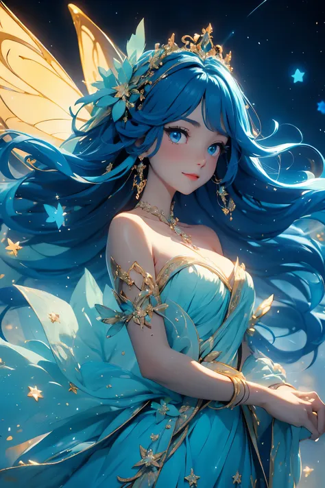 masterpiece, high-quality, 8k,cute fairy, (blue big and bright eyes, with tiny starlight shining in their eyes), (delicate face,...