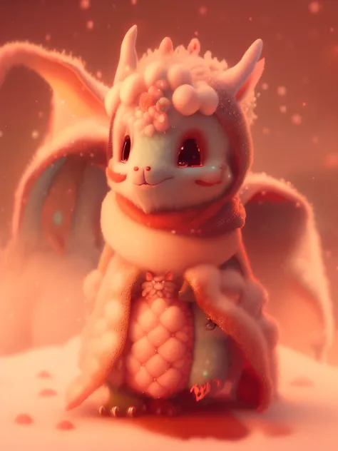 There is a cartoon dragon wearing a scarf sitting in the snow, Cute little dragon, cute numbers, Lovely and detailed digital art, Furry iridescent dragon, as an anthropomorphic dragon, cute numbers艺术, Plush dragon, newly hatched dragon, anthropomorphic dra...