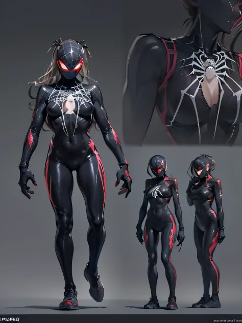 cinematic lighting、Super thick skin、Beautiful quality with attention to detail、cyber punk、(alternative、dull tone、calm tone:1.3)(1 beauty、Beautiful face in every detail:1.3)(Bewitching Black Spider Tight Suit:1.7)(Nunja～well-shaped chest、Arachne tattoo on c...