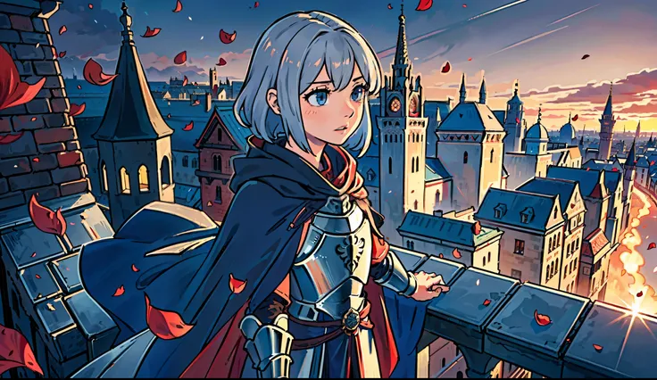 realistic, realistic詳細, comprehensive, (((1 girl, slim, female knight, Armor details, intricate details, cloak, cane, aerial perspective, From above, Stand atop a tower overlooking the medieval cityscape, Highly detailed architecture, perspective, clear fo...