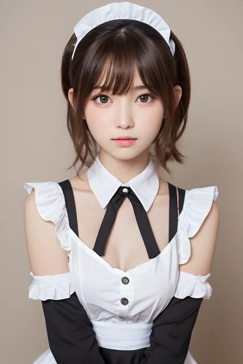 table top, highest quality, one girl, (beautiful girl:1.3), (16 years old:1.2), extremely fine-grained clarity, (symmetrical eyes:1.3), (maid costume, Cute Maid:1.2), beautiful breasts, brown eyes, parted bangs, brown hair