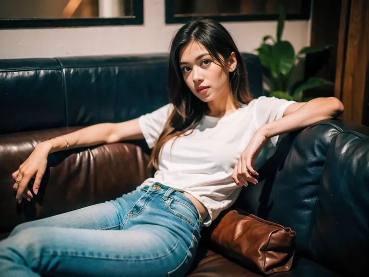 realistic photography, long hair woman , t-shirt, jeans, sitting on the sofa