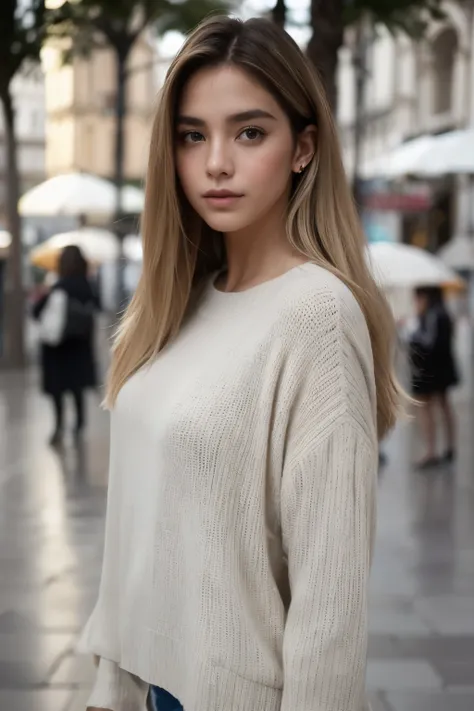 ((Mejor calidad)), ((Obra maestra)), (detallado), cara perfecta, chica de cabello rubio, rubia natural, modelando bajo la lluvia, en la plaza, vistiendo ropa para el frio