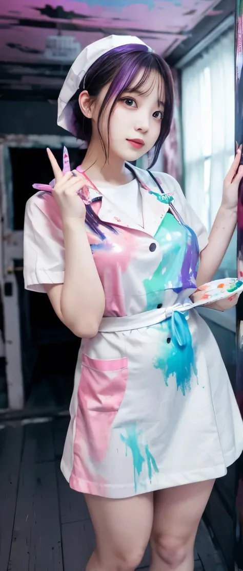 Paint-covered horror idol、whole body、good style、、、、、Tight mini nurse uniform covered in colorful paint、、glowing haunted house、paint hair