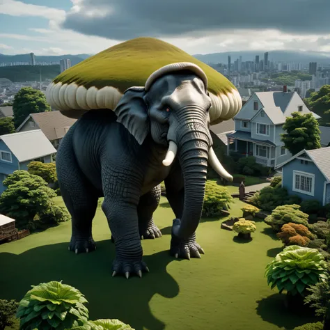 Photo frame from the film Godzilla if instead of Godzilla, the film featured a giant creature, looks like a giant anthropomorphic mushroom, connected to a giant elephant, the creature is shaped like a mushroom on thick four legs, at the top there is a gian...