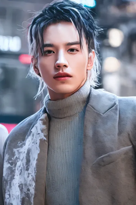 (8k, highest quality, masterpiece, ultra high resolution:1.2),1 boy,Street fashion、Super handsome、looking at me with sexy eyeodel、actor、Chi Zun Chun、hair style parted in the middle、medium hair