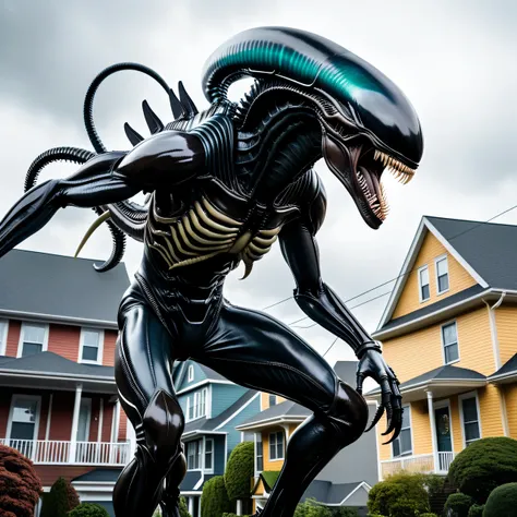 realistic photography, depicting a large giant colored xenomorph., movement, full pose, whole body, Giant Xenomorph, towering over houses, horror punk, High detail, many image details, 8K, Hyperrealistic, difficult, transparent