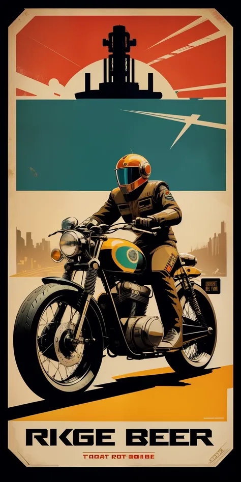 A highly detailed propaganda poster, robot, robot and motor bike, custom bike, chopper, vintage motorcycle, cafe racer, pop art, art deco, vintage, typography, vintage paper, the rule of thirds, trending on artstation, UHD