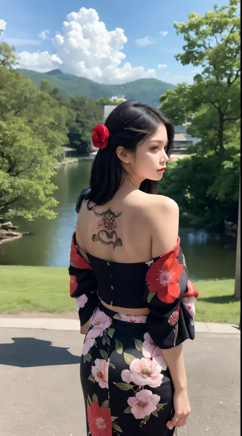 masterpiece, highest quality, highest quality, official art, beautiful and aesthetic:1.2),1 girl, tattoo, alone, kimono, red and black kimono, hair ornaments, unsheathing, black hair, sheath, back tattoo, dragon tattoo, blue eyes, off shoulder, bare should...