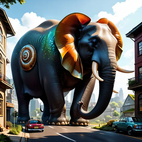 realistic photography, depicting a large giant creature, elephant-like, with a large snail shell on its back., the creature has ...