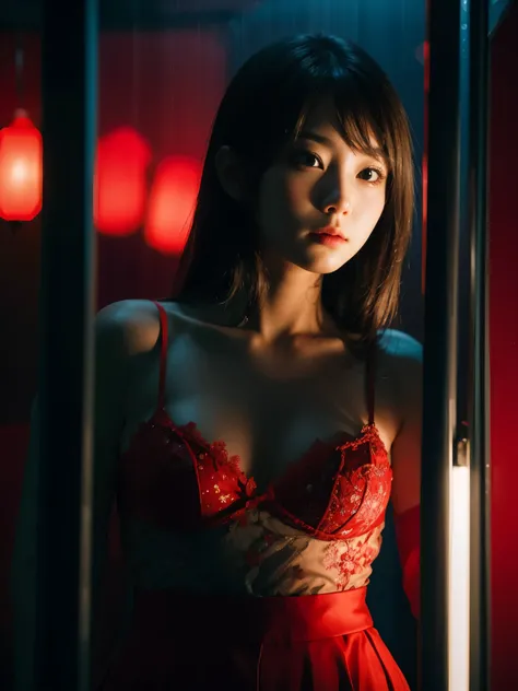 backlight dramatic night photography, night scene, 30 years japanese girl, pale face, very thin body, brown hair, wearing red brassiere & pants, trapped inside red glass square display, dramatic source of light