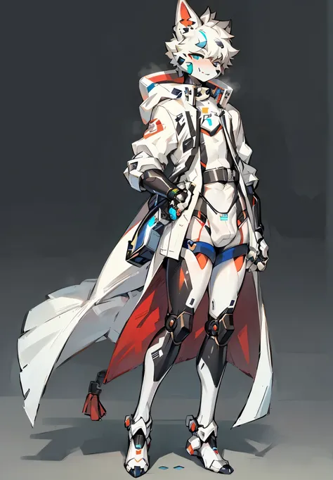 full body，Synthetic Shota the white fox wearing only bulge，((chastity cage))，robot，Synthetics，(Synthetic Sports socks)，Robot joints，mecha head，mecha ear，mecha body，no dress，no clothing