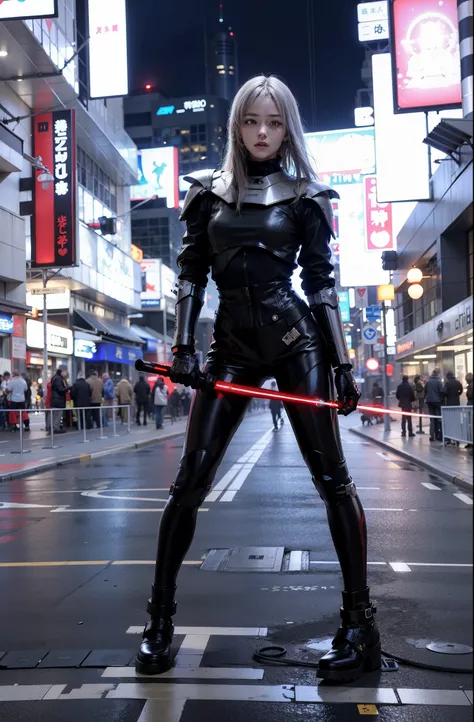 Fantasy cyberpunk world，1 Mechanical Miracle，defend world order；Samurai Mechanical Armor，Equip transparent weapons，Streamlined black and red design，Wearing a black cloak，A big portion for 1 person，Art of the highest quality，8K ultra-high resolution，Dynamic...