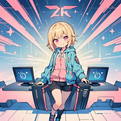 (short cut blonde girl),(((blue zip hoodie))),(((Pink Inner))),(black hot pants),pink eyes,open your mouth, dull smile, Full body Esbian,(a bit),((((alone))),(best image quality, In 8K, masterpiece, Super detailed),