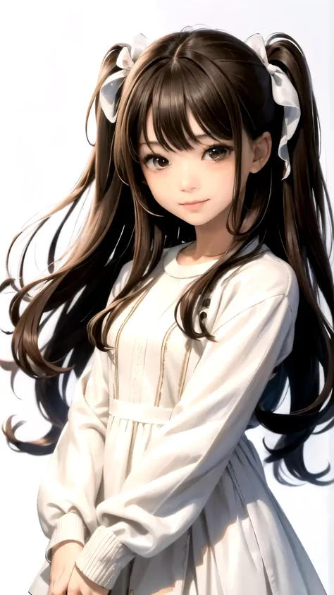 ((Masterpiece)), ((Top quality)), One Japan Beautiful Girl、14 years old、long black hair、bangs、(light brown eyes:1.5)、droopy eyes、Innocent face、fluffy hair、(((two side up)))、(One-piece dress with a loose waist)、Long-sleeved white ruffled dress、tiered skirt、...