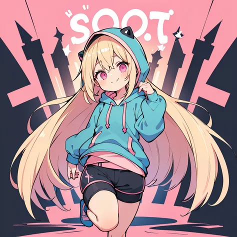 (blonde girl with short cut),(((Blue hoodie, pink innerwear and black hot pants))),pink eyes,open your mouth, A sluggish smile, Full body Esbian,(Little),((solo)),(Highest image quality, In 8K, masterpiece, super detail),