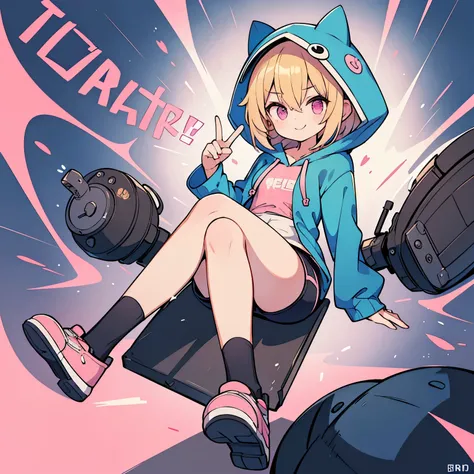 (blonde girl with short cut),(((Blue hoodie, pink innerwear and black hot pants))),pink eyes,open your mouth, A sluggish smile, Full body Esbian,(((Little))),(solo),(Highest image quality, In 8K, masterpiece, super detail),
