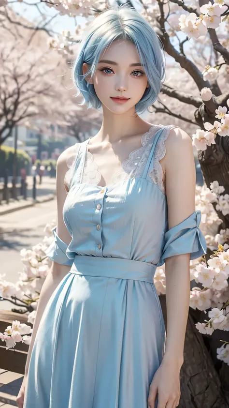 high quality, 8k, masterpiece:1.3, one girl, (medium short hair), highly detailed face, fine eyes, gentle smile, (beautiful cherry blossom background), light pale blue hair, light pale blue clothes,spring fashion,trending fashion