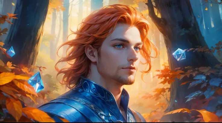 Create a mesmerizing digital painting depicting the serene beauty of an enchanted forest scene. In the center of the scene, portray a young handsome man, with flowing orange hair, beard, azure orange eyes, wearing a cool crystal dress. Capture him graceful...